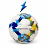 Premium Size 5 football with blue yellow black geometric graphics, stitched panels, and textured sports finish.