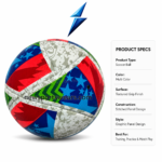 Graphic panel soccer ball with red blue green white and grey design for football training