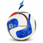 Close up detail of custom soccer ball showing textured grip surface stitched panels and multicolor graphics