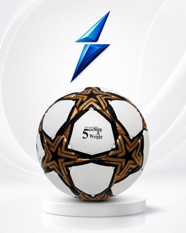 NSW premium size 5 soccer ball with black white and metallic gold star design front view