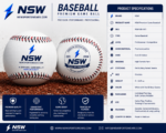 NSW Baseball Ball specifications with leather cover, cork and rubber core, high-density yarn, and raised seams