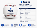 Close-up of NSW Baseball Ball with textured leather surface, red and navy seams, and professional branding
