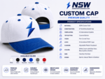NSW Baseball Cap specifications with cotton fabric, embroidered eyelets, pre-curved visor, and adjustable closure