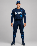 NSW baseball uniform front view with navy teamwear and lightning logo