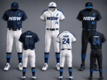 NSW baseball uniform front view with navy jersey, lightning logo, and NewSportswears branding