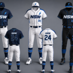 NSW baseball uniform front view with navy jersey, lightning logo, and NewSportswears branding