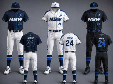 NSW baseball uniform front view with navy jersey, lightning logo, and NewSportswears branding