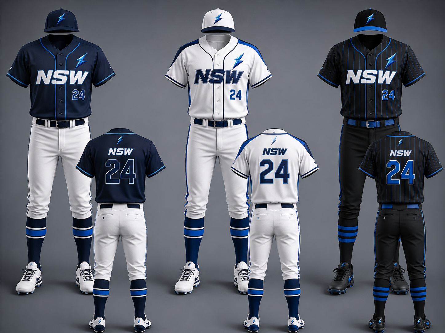 NSW Baseball Uniform Kit Product Specifications NSW baseball uniform front view with navy jersey, lightning logo, and NewSportswears branding