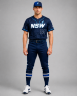 NSW baseball uniform front view with navy jersey, lightning logo, and NewSportswears branding