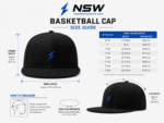 NSW Basketball Cap specifications with cotton twill fabric, structured fit, flat brim, and embroidered logo