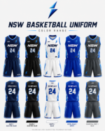 NSW basketball uniform colour range including navy blue black white royal blue and charcoal grey options