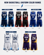 NSW basketball uniform colour range with navy sky blue black red royal blue white and purple gold options