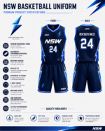 Front view of NSW basketball uniform with lightning logo and NewSportswears branding