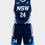 Front view of NSW basketball uniform with navy white design, player number 24, and NewSportswears branding