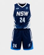 Front view of NSW basketball uniform with navy white design, player number 24, and NewSportswears branding