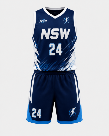 Front view of NSW basketball uniform with navy white design, player number 24, and NewSportswears branding