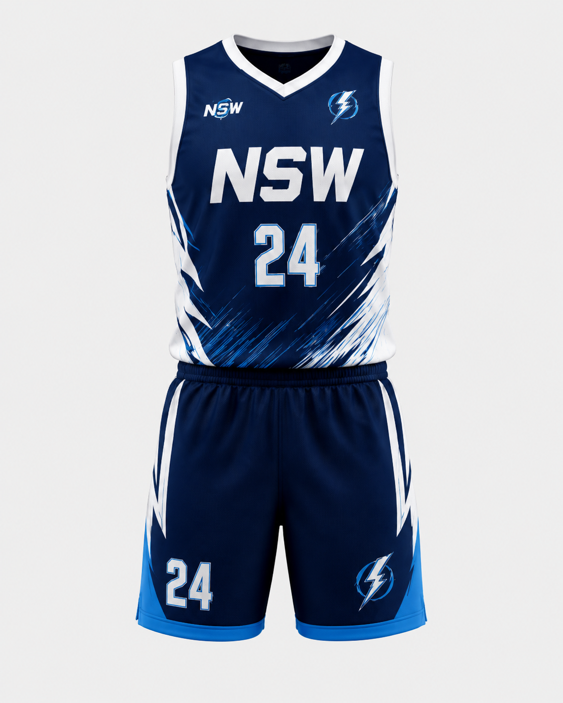 NSW Basketball Uniform Size Guide Front view of NSW basketball uniform with navy white design, player number 24, and NewSportswears branding