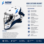 NSW Catcher Helmet side view with blue accents, face cage, and ventilation design