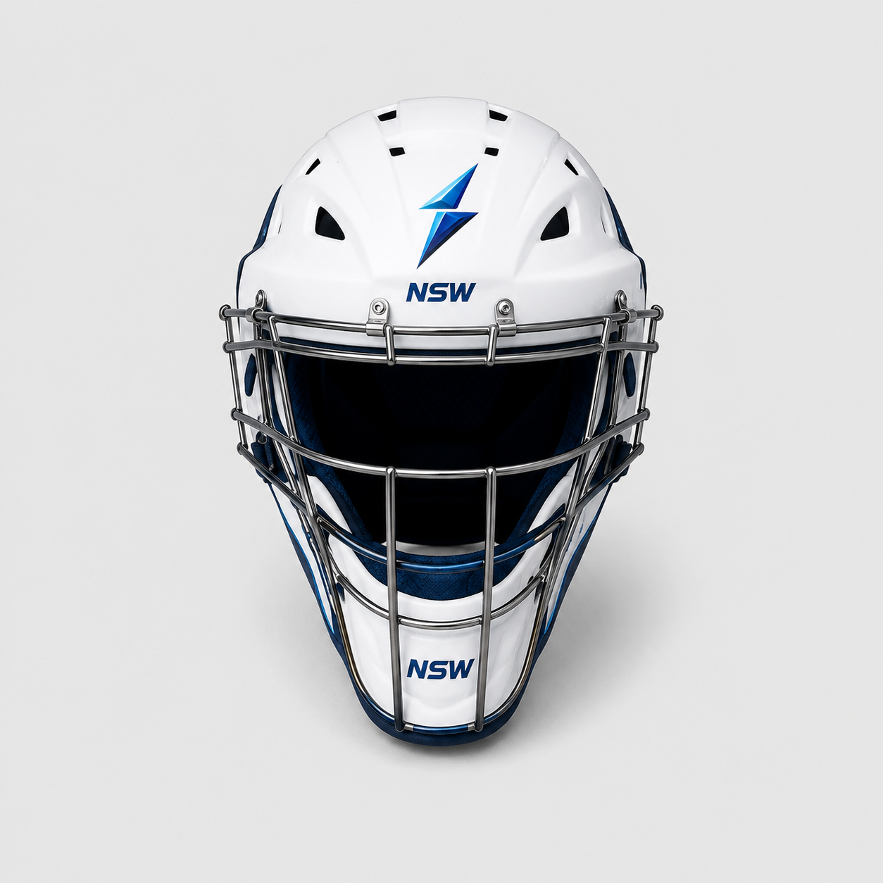 NSW Catcher Helmet Front View NSW Catcher Helmet front view with protective face guard and adjustable fit