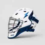 NSW Catcher Helmet side view with blue accents, face cage, and ventilation design