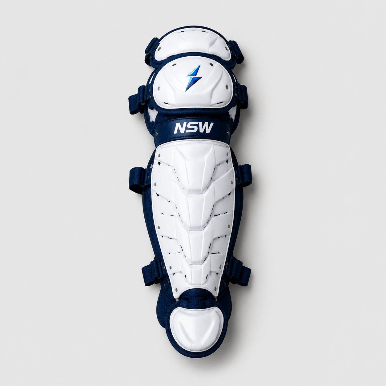 NSW Catcher Leg Guard Front Vie NSW Catcher Leg Guard front view with molded knee and shin protection