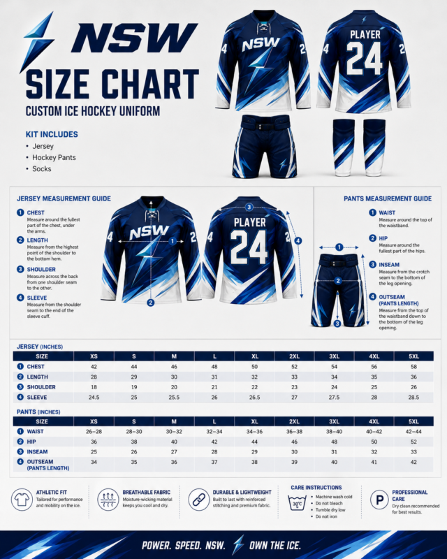 NSW custom ice hockey uniform size chart for jersey and hockey pants by NewSportswears