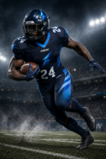 Professional action pose wearing NSW sublimation American football uniform by NewSportswears