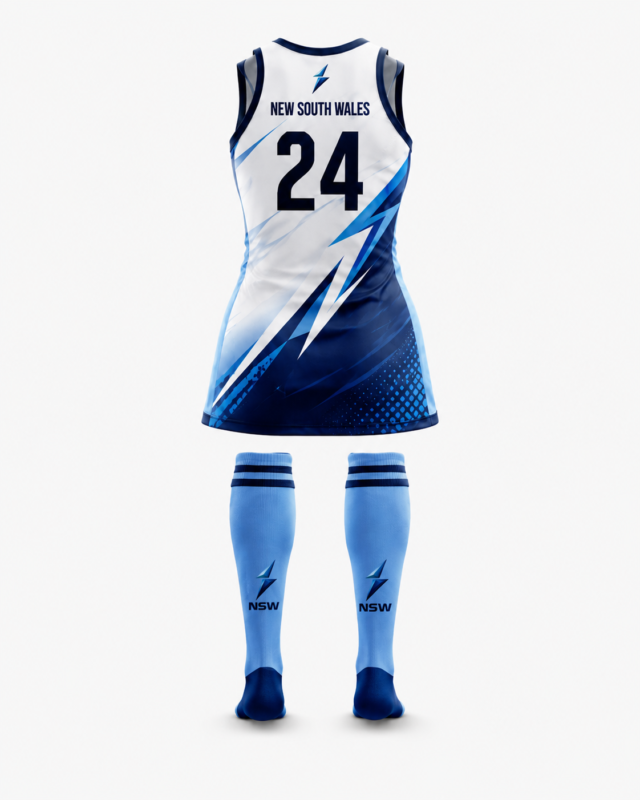 Back view of NSW hockey uniform with New South Wales text number 24 and lightning graphics