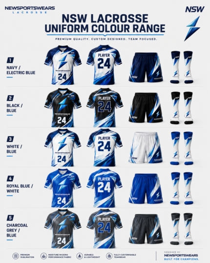 NSW lacrosse uniform colour range with navy black white royal blue and charcoal grey options