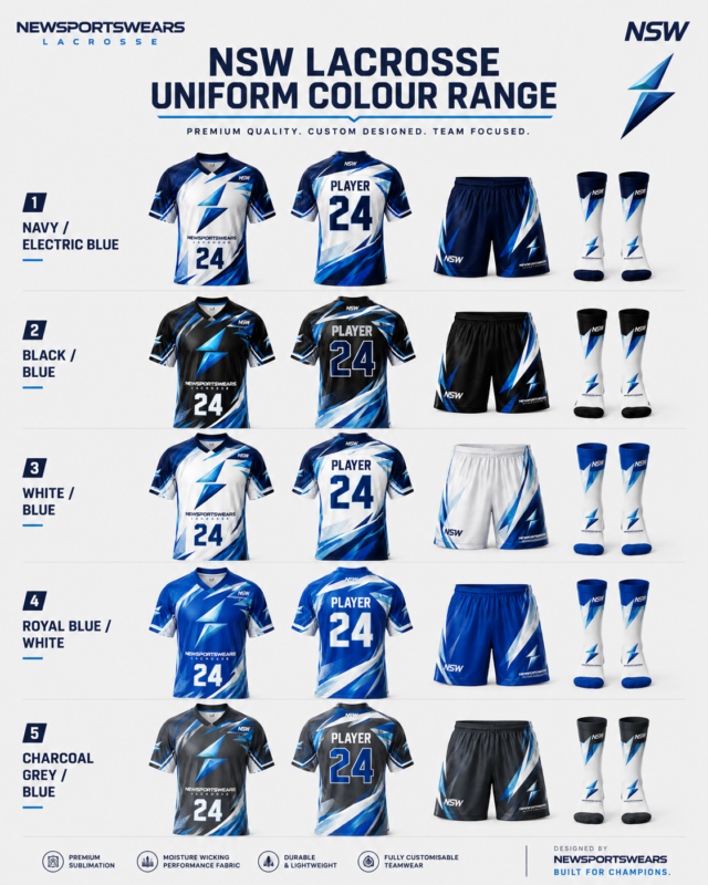 NSW lacrosse uniform colour range with navy black white royal blue and charcoal grey options