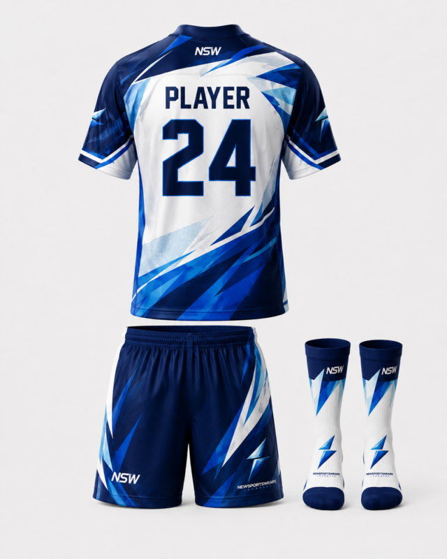 Back view of NSW lacrosse uniform with player name number 24 and blue sublimation graphics