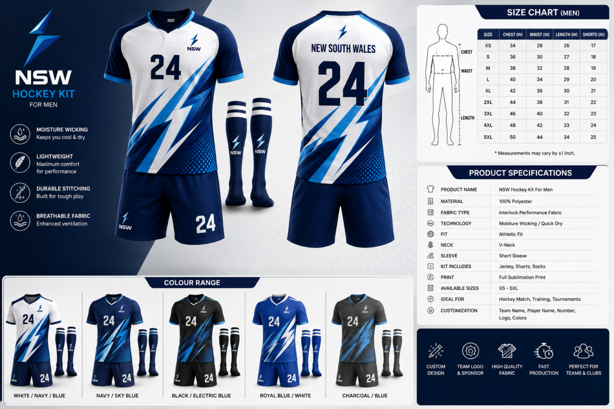 Back view of NSW men’s hockey uniform with New South Wales text number 24 and lightning graphics