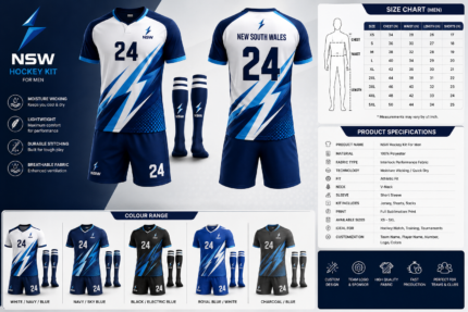 Back view of NSW men’s hockey uniform with New South Wales text number 24 and lightning graphics