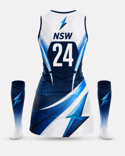 Back view of NSW netball uniform with number 24 and lightning graphics