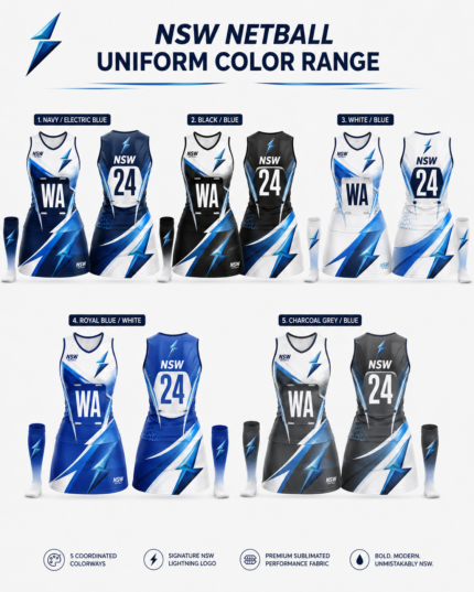 NSW netball uniform colour range with navy black white royal blue and charcoal grey options