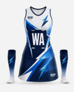 Front view of NSW netball uniform kit with lightning logo position bib and custom sublimation design