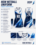 NSW netball uniform product specifications with breathable fabric sublimation print and women’s athletic fit