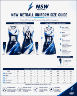 Front view of NSW netball uniform kit with lightning logo position bib and custom sublimation design