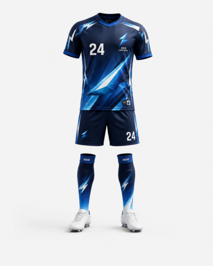 Front view of NSW soccer uniform kit with lightning logo and custom sublimation design