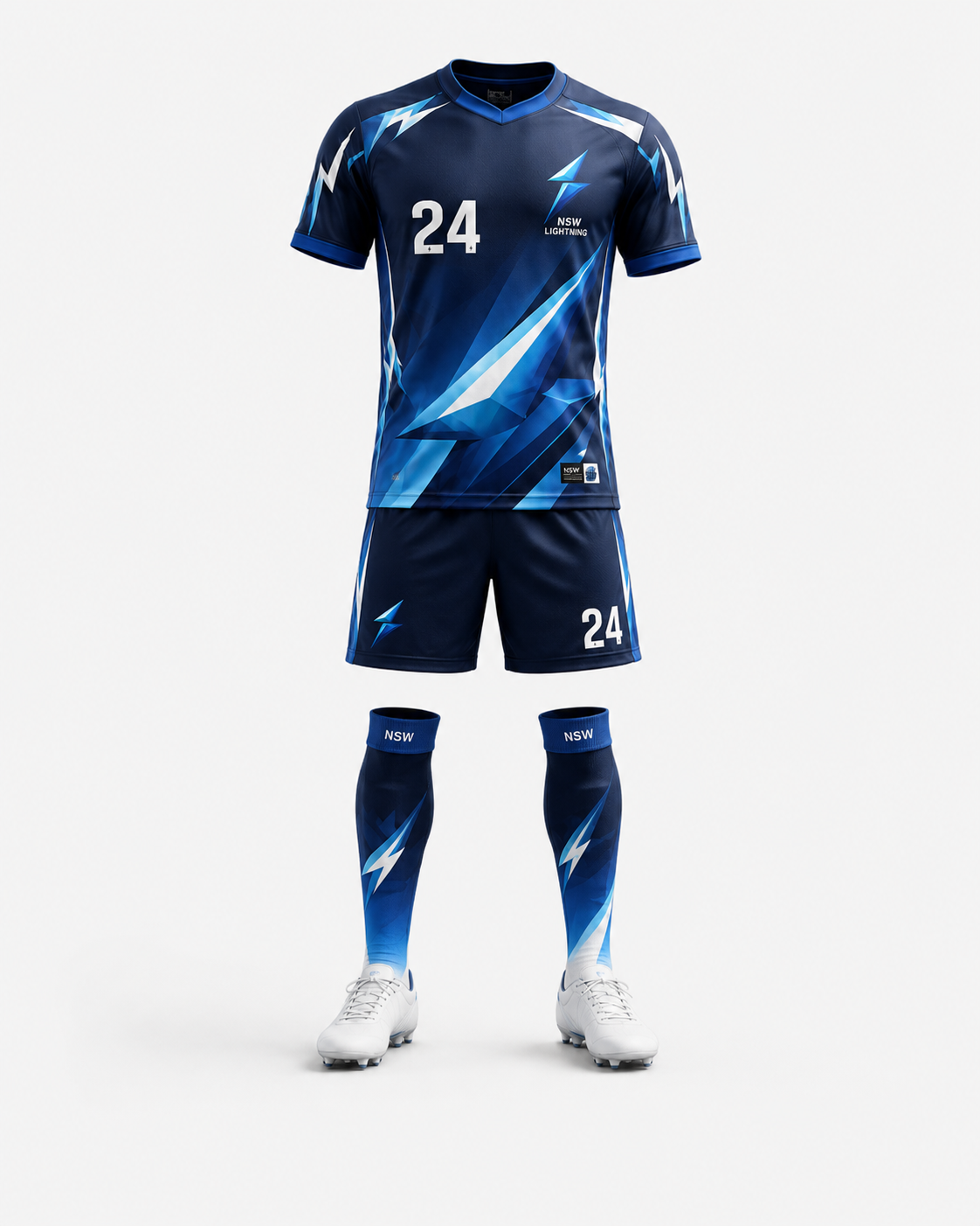 NSW Soccer Uniform Colour Range Front view of NSW soccer uniform kit with lightning logo and custom sublimation design