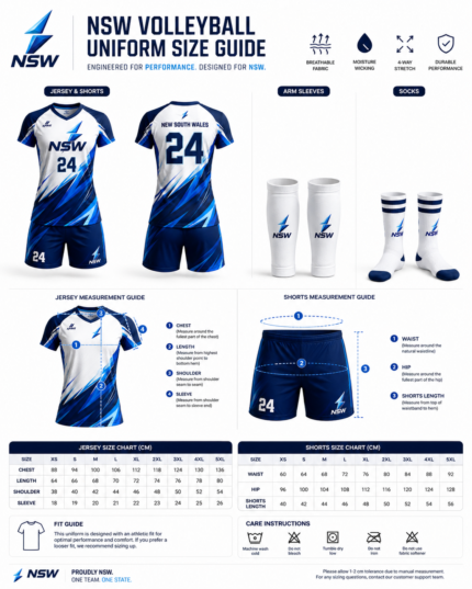 NSW volleyball uniform product specifications with breathable fabric sublimation print and athletic fit