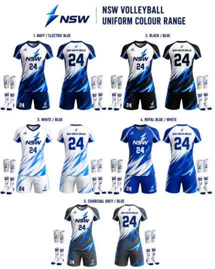 NSW volleyball uniform colour range with navy black white royal blue and charcoal grey options