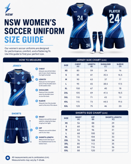 NSW women’s soccer uniform size guide for jersey and shorts by NewSportswears