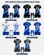 NSW women’s soccer uniform colour range with navy black white royal blue and charcoal grey options