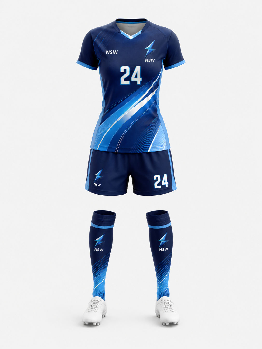 NSW Women’s Soccer Uniform Front View Front view of NSW women’s soccer uniform kit with lightning logo and custom sublimation design