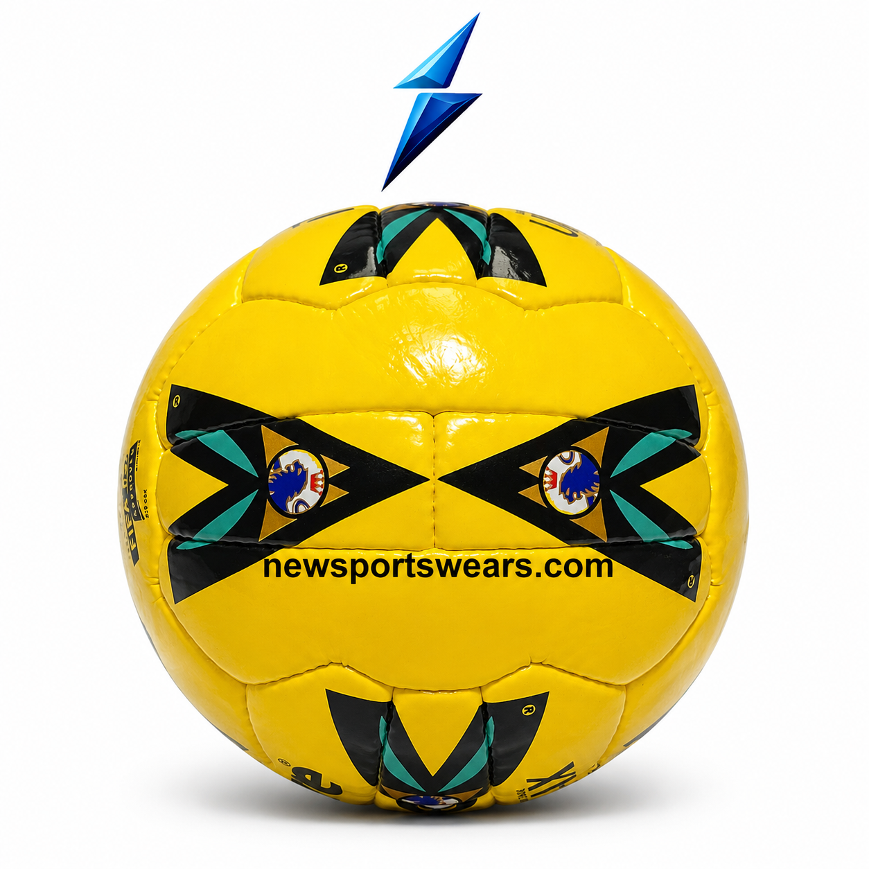 NSW branded yellow soccer ball with black teal pattern and high visibility design NSW Yellow Size 5 Soccer Ball featuring a bright glossy surface, stitched panels, and bold black-teal graphics.