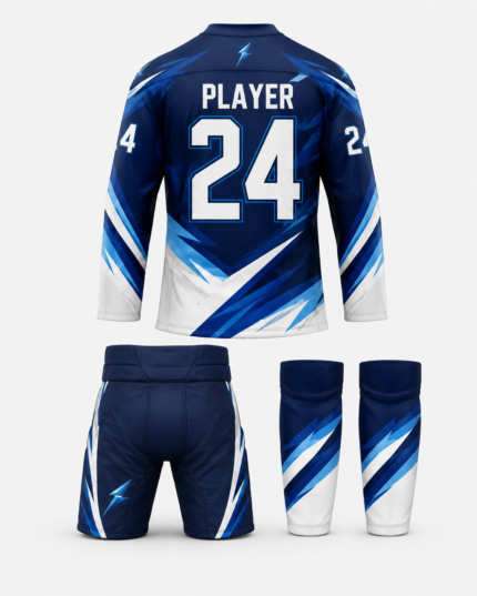 Back view of NSW custom ice hockey uniform with player name number 24 and lightning graphics