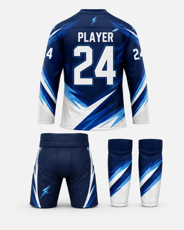 Back view of NSW custom ice hockey uniform with player name number 24 and lightning graphics