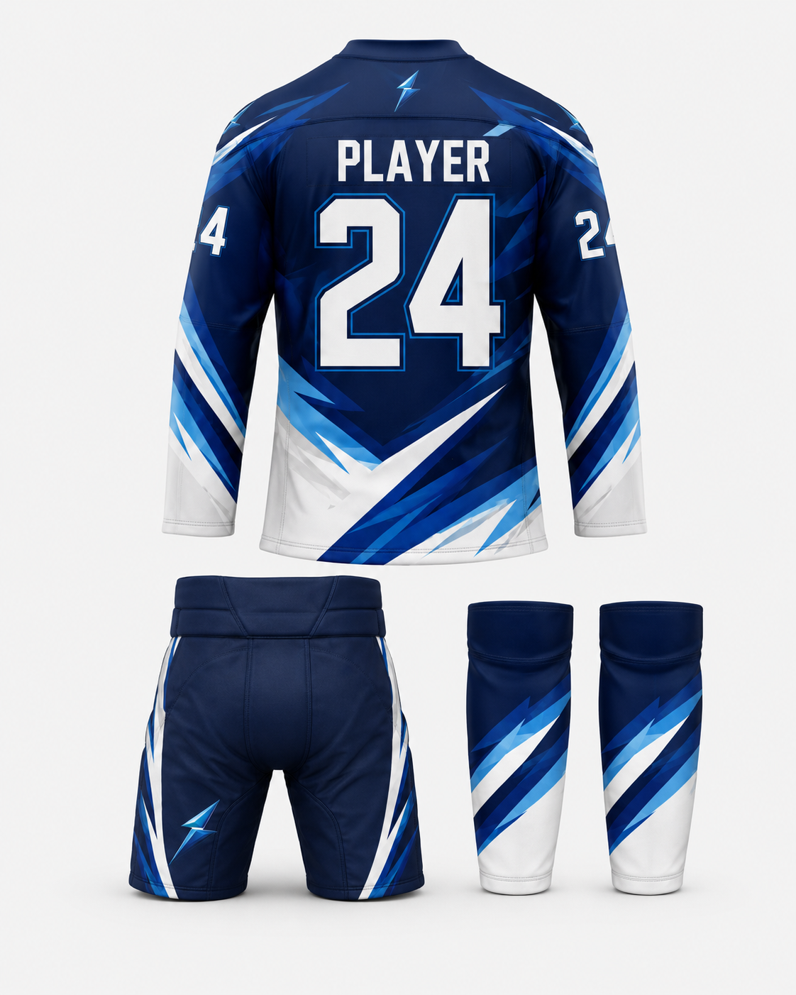 NSW custom ice hockey uniform Back view of NSW custom ice hockey uniform with player name number 24 and lightning graphics