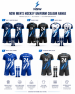 NSW men’s hockey uniform colour range with navy black white royal blue and charcoal grey options